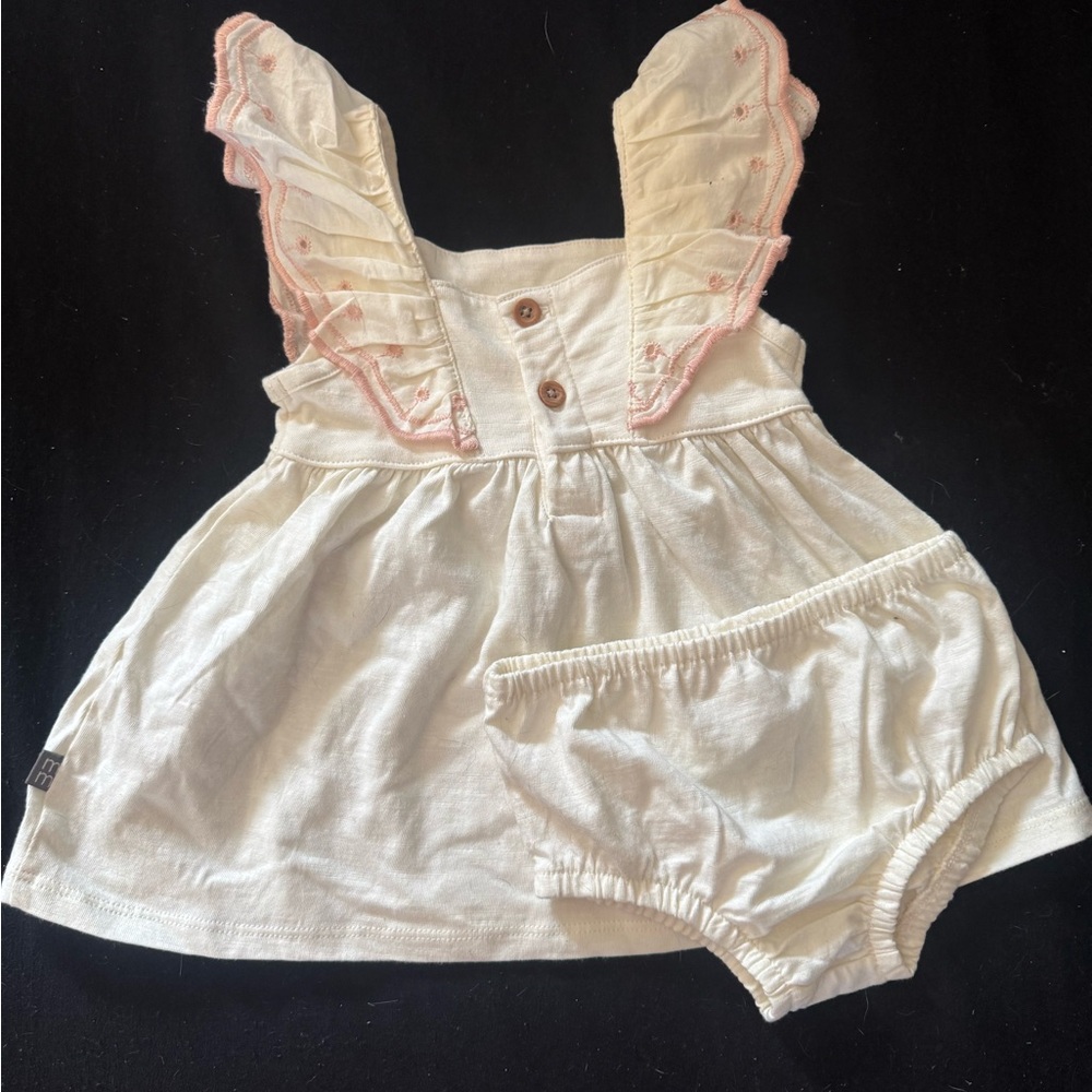 Cream Baby Dress with Pink-Trim Ruffle Straps